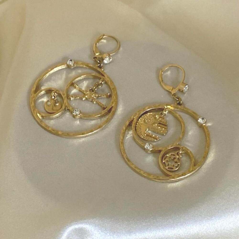 Vintage Disney Gold Tone Celestial Sun Moon Star Dangle Earrings Rhinestone